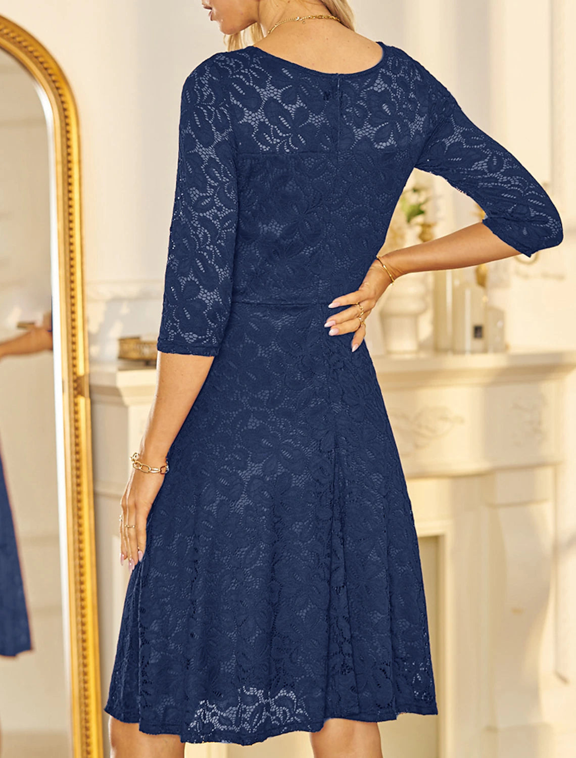 Vestidos de cóctel de corte A, elegantes vestidos de fiesta, vestidos de cóctel hasta la rodilla, media manga, escote en V, para invitadas de boda de otoño, con encaje y pliegues.