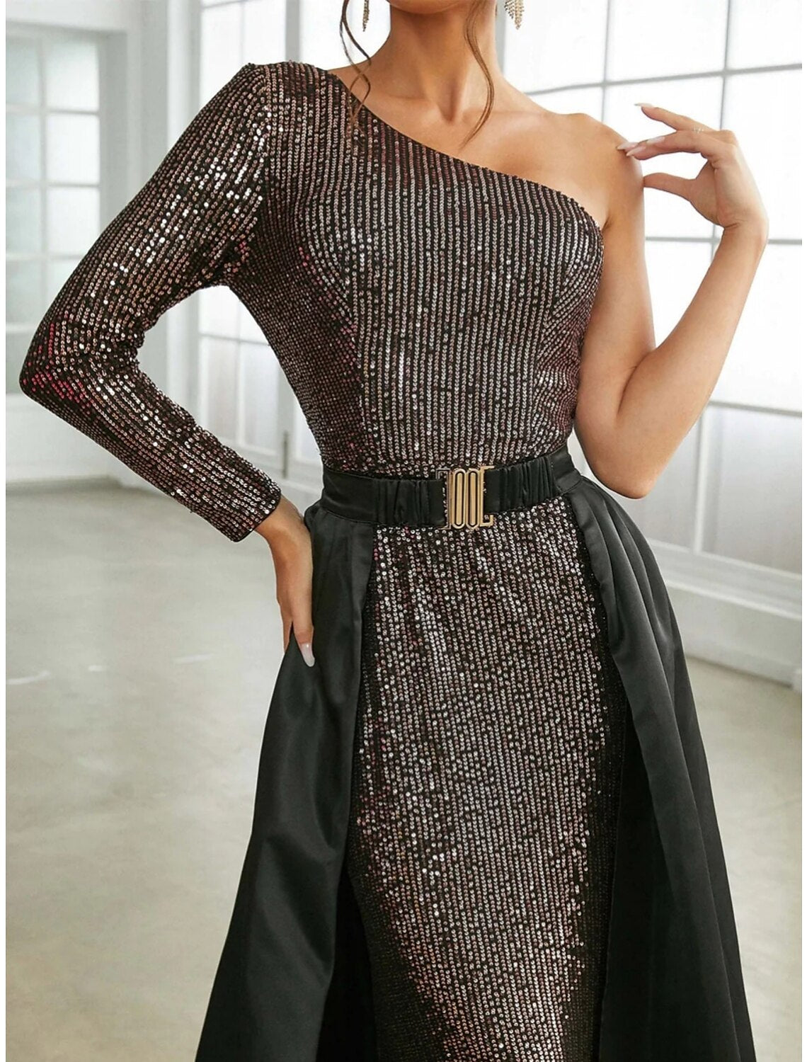 Black Sequin One Shoulder Floor-Length Sheath Gown