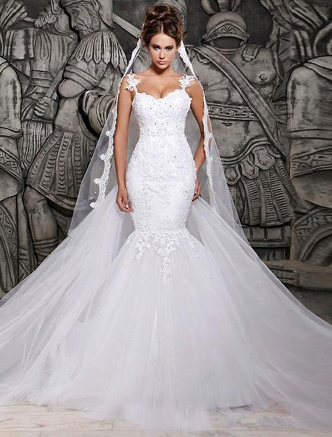 White Lace Tulle Mermaid Floor-Length Wedding Dress with Sweetheart Neckline and Beaded Bodice
