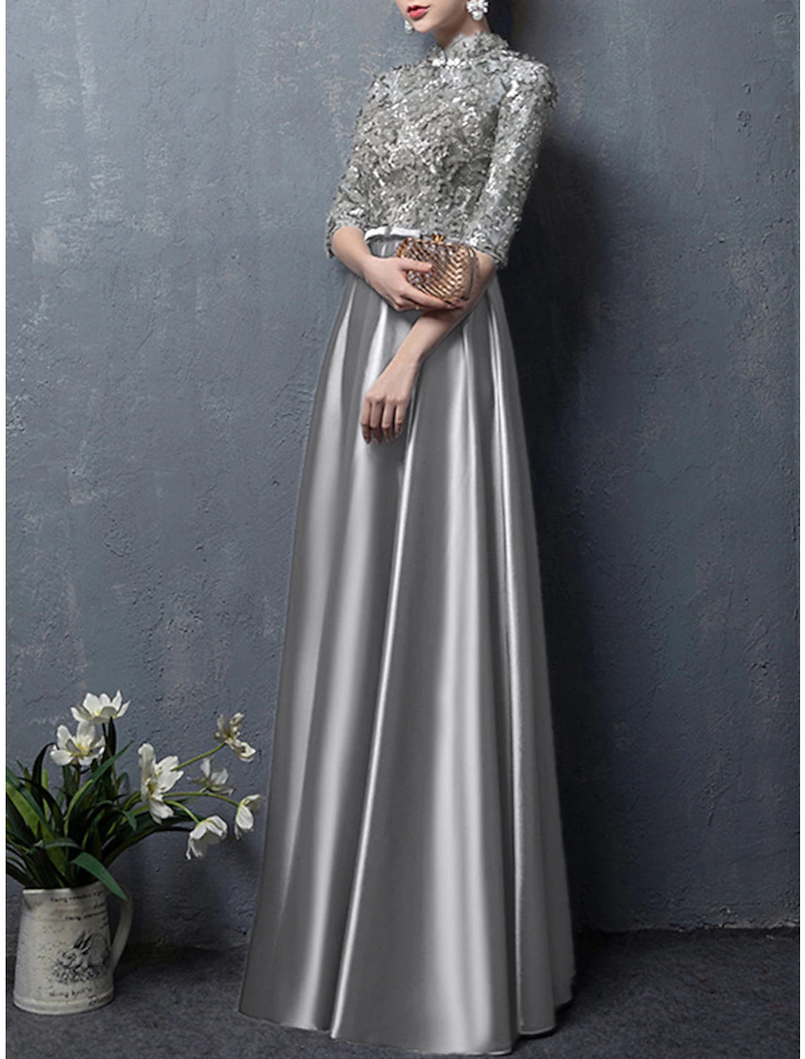 Vestido de Madre de la Novia de Corte A para Invitadas de Boda, Elegante, Vintage, Cuello Alto, Largo hasta el Suelo, Satén, Media Manga con Lazo(s), Apliques