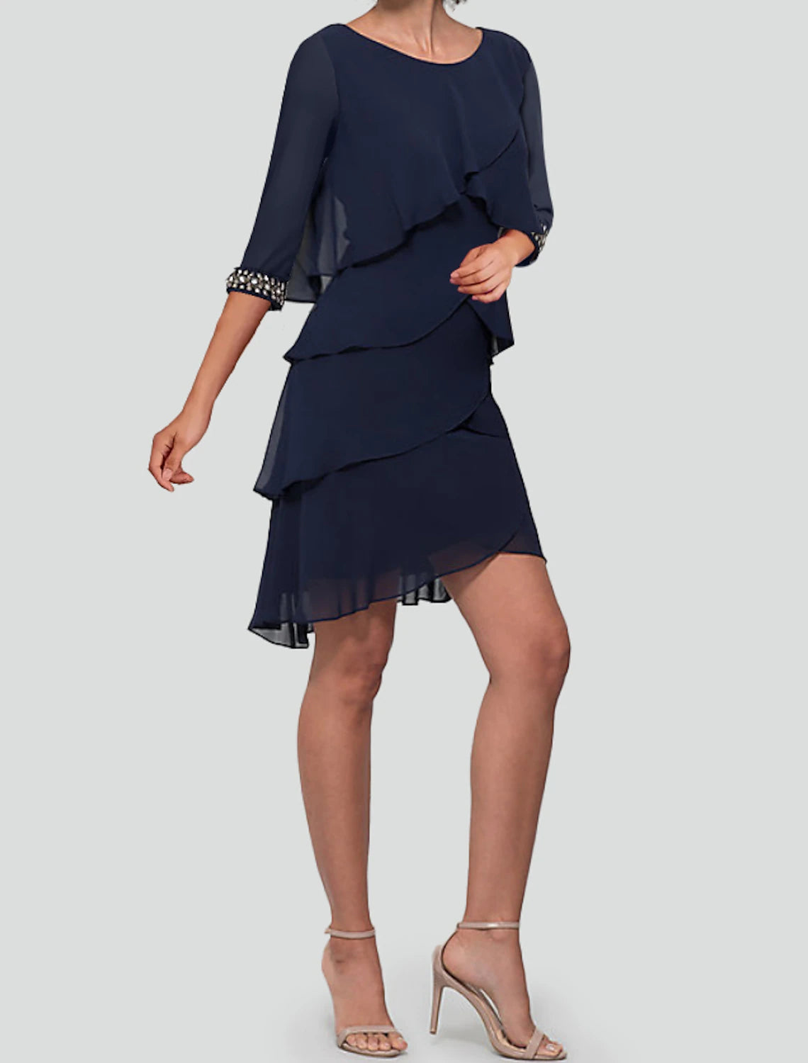 Vestido de fiesta tubo, vestido de cóctel, vestido plisado escalonado, semiformal, largo hasta la rodilla, media manga, cuello joya, para invitada de boda de otoño, de gasa con volantes de pedrería 2025