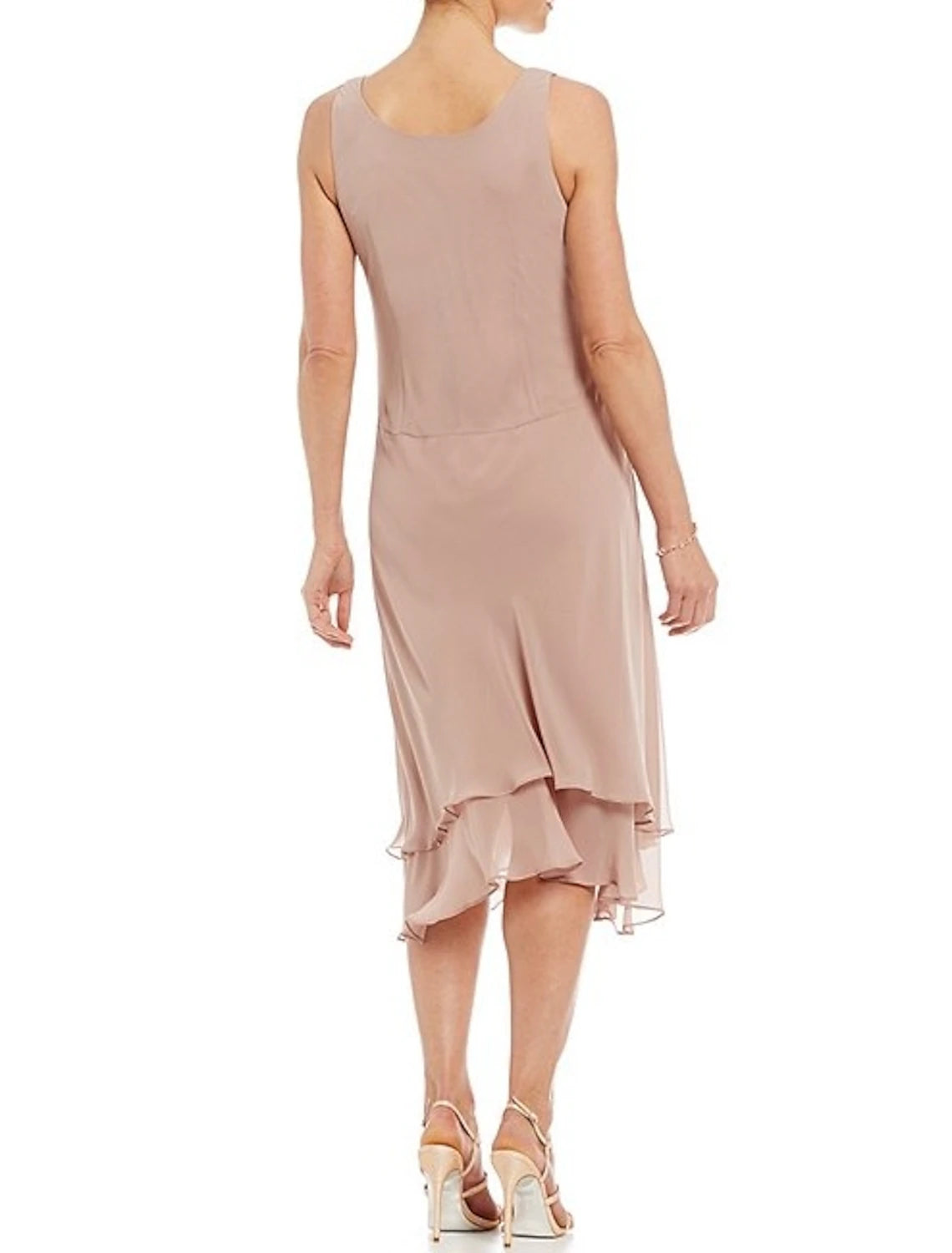 Abito da cerimonia per la madre della sposa in due pezzi, a trapezio, elegante, in chiffon, con scollo gioiello, lunghezza tè, maniche lunghe, con perline e volant a cascata