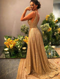Abiti da ballo a trapezio, abito scintillante, abito da sera, abito da festa formale, strascico a ruota, senza maniche, spalline sottili, raso, senza schienale con strass