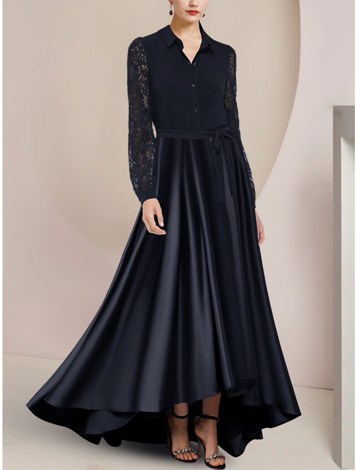 Dark Navy A-Line Asymmetrical Evening Dress with Lace Sleeves