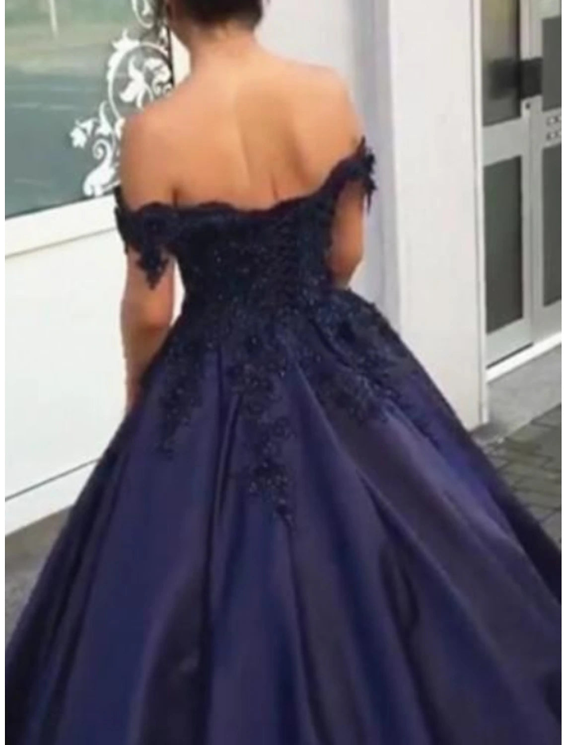 Emerald Satin Off-the-Shoulder Ball Gown Floor-Length Evening Dress