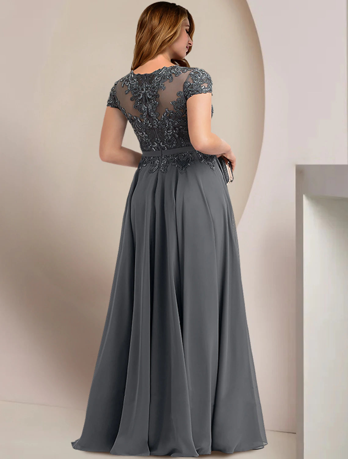 Grey Chiffon Illusion Neck Lace Bodice A-Line Floor-Length Dress
