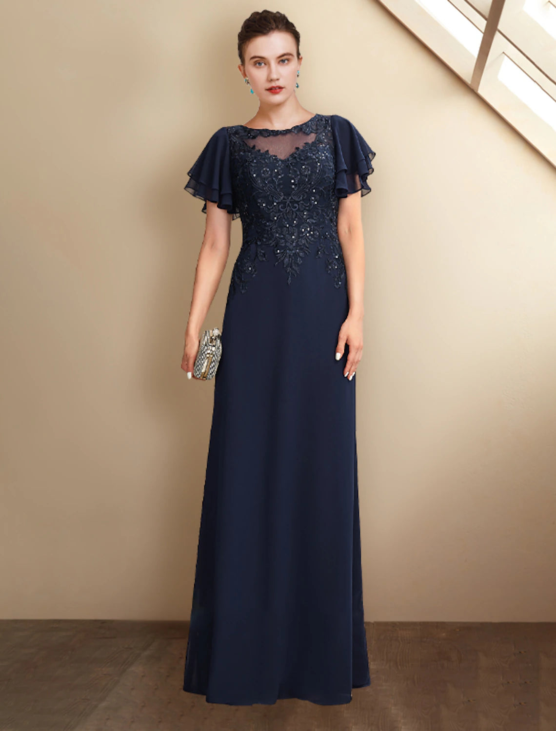 Dark Navy Chiffon A-Line Floor-Length Evening Dress with Illusion Bodice
