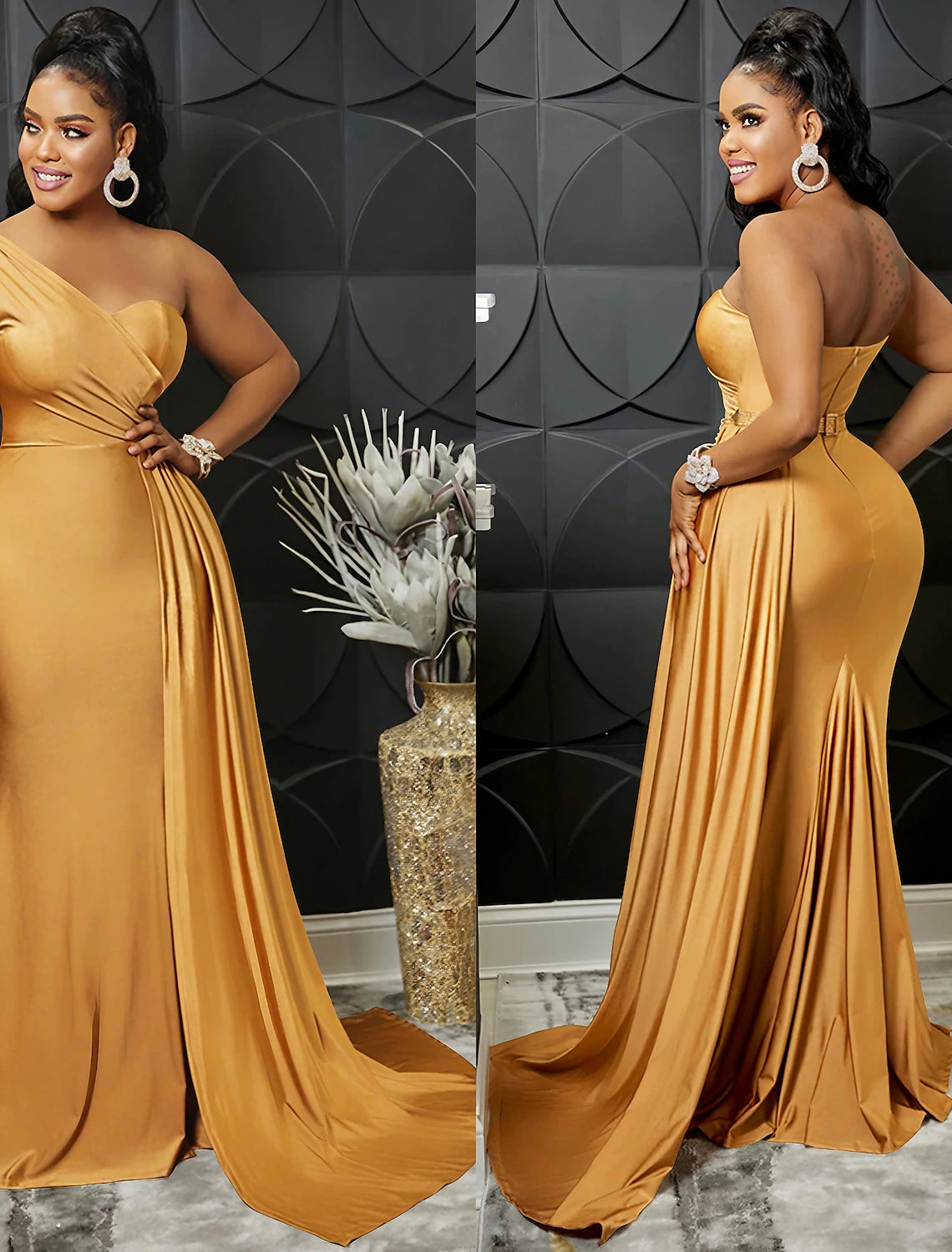 Elegant Gold Satin One Shoulder A-Line Floor-Length Evening Gown