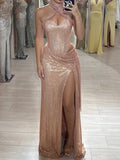 Rose Gold Glitter Fabric Sheath Column Halter Open Back Floor-Length Dress - Jimiss