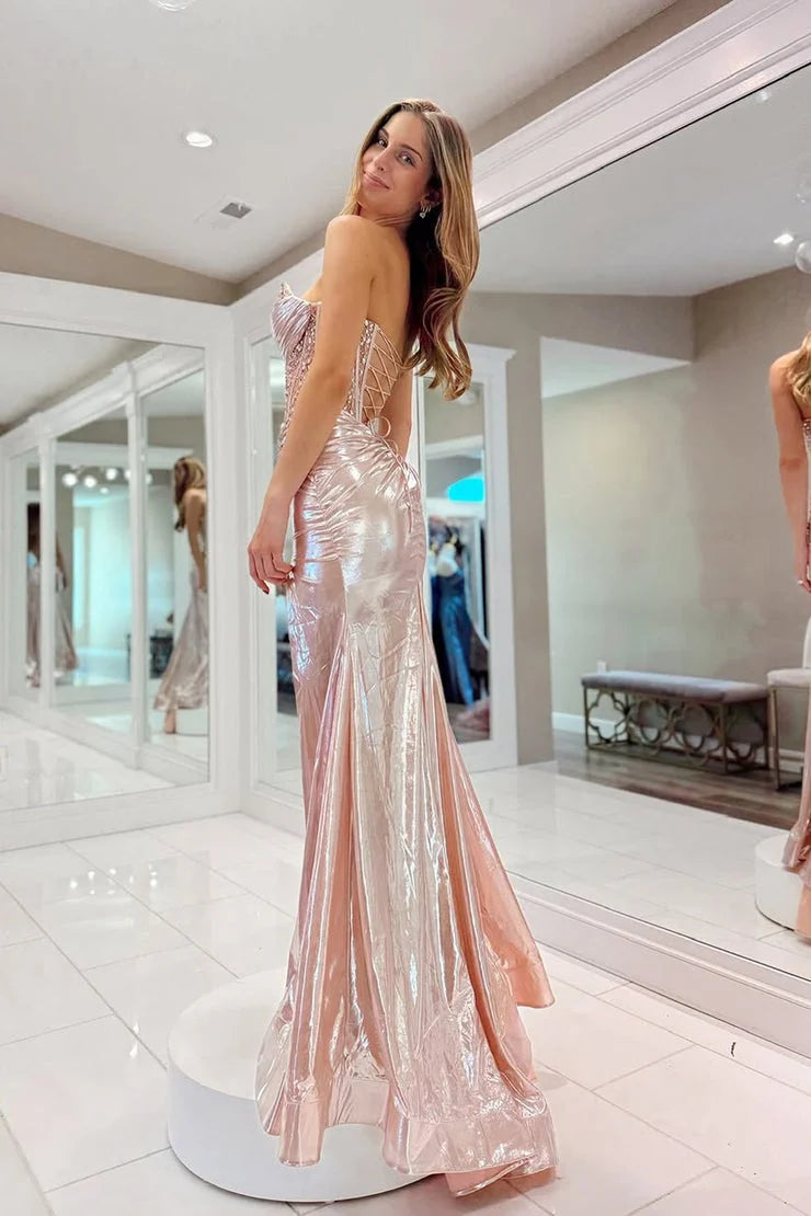 Rose Gold Metallic Satin Sheath Column Sweetheart Floor-Length Dress Back View - Jimiss