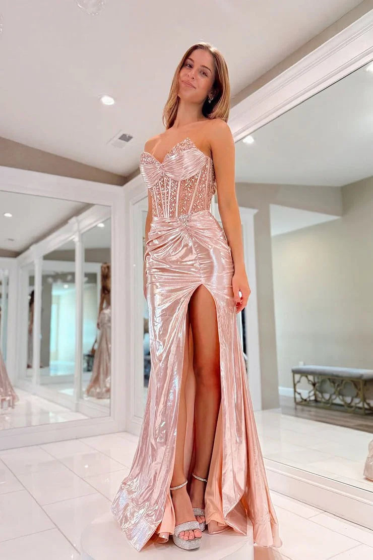 Rose Gold Metallic Satin Sheath Column Sweetheart Floor-Length Dress Detail - Jimiss