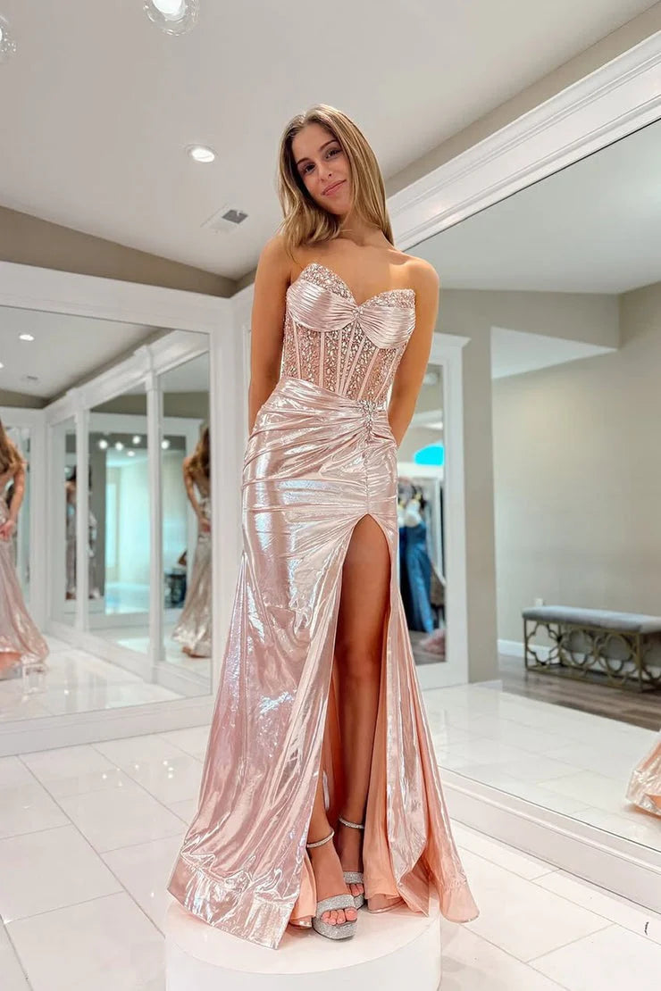 Rose Gold Metallic Satin Sheath Column Sweetheart Floor-Length Dress Front View - Jimiss