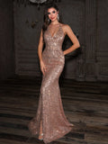 Rose Gold Sequin Mermaid Halter Lace-Up Floor-Length Dress - Jimiss