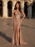Rose Gold Sequin Mermaid Sweetheart Open Tie Back Floor-Length Dress - Jimiss