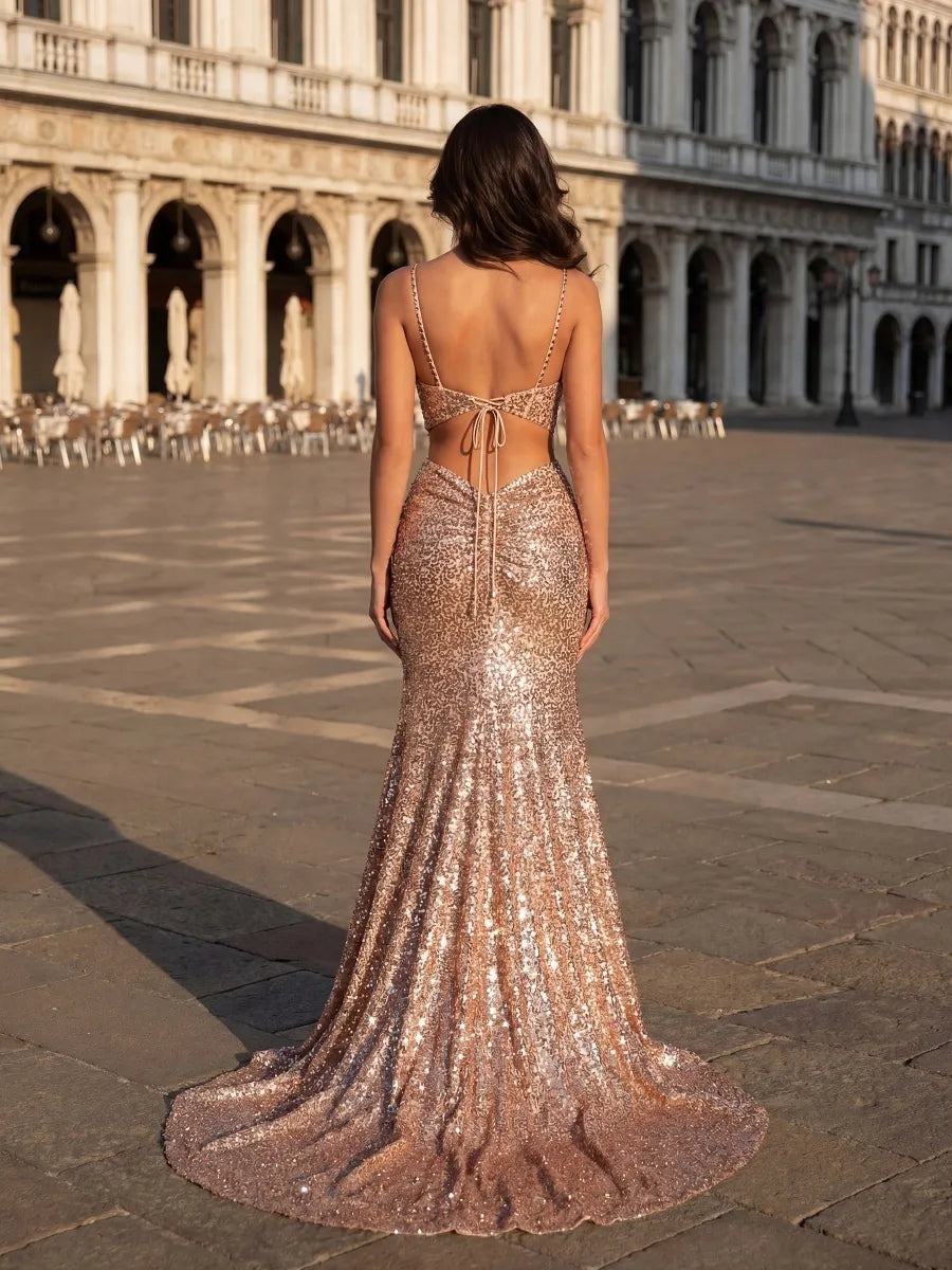 Rose Gold Sequin Mermaid Sweetheart Open Tie Back Floor-Length Dress - Jimiss