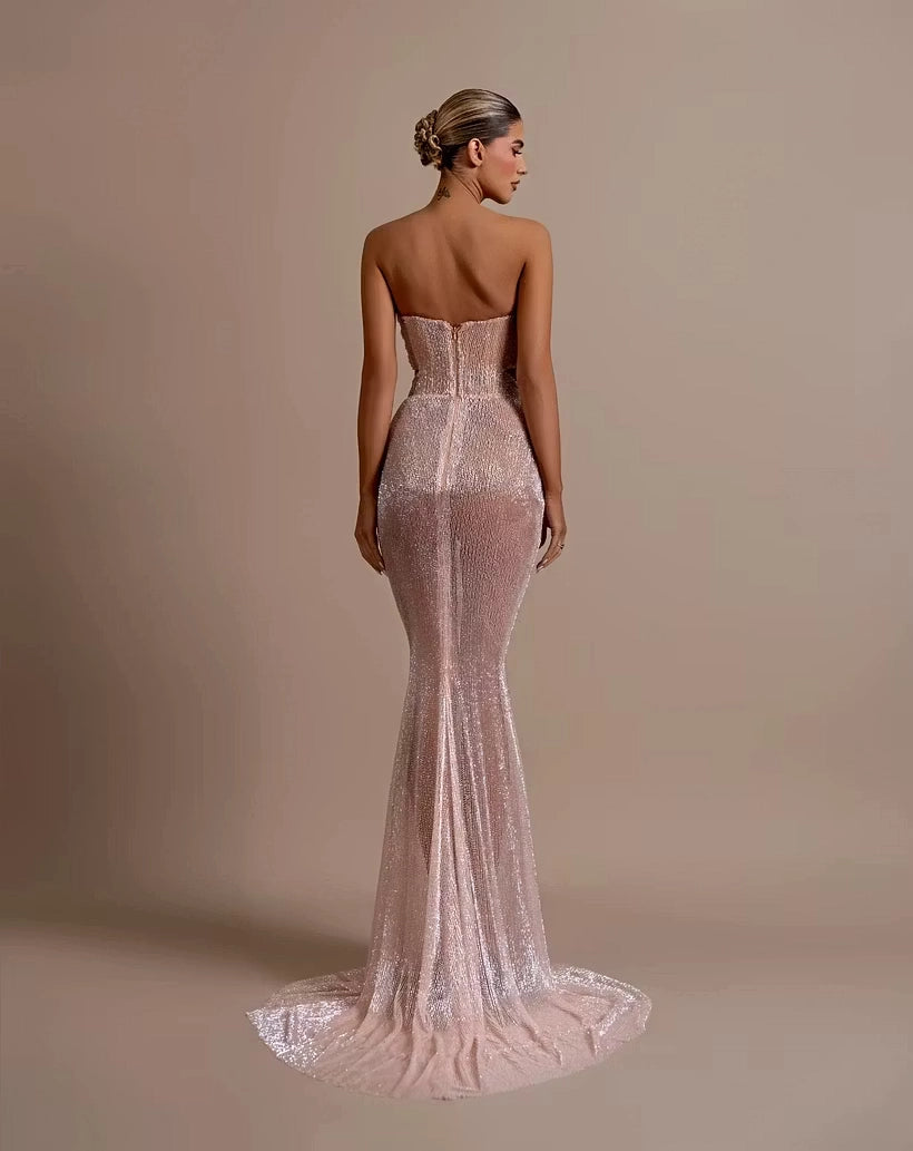 Rose Gold Sequin Mesh Mermaid Sweetheart Zipper Back Floor Length Dress Back View - Jimiss