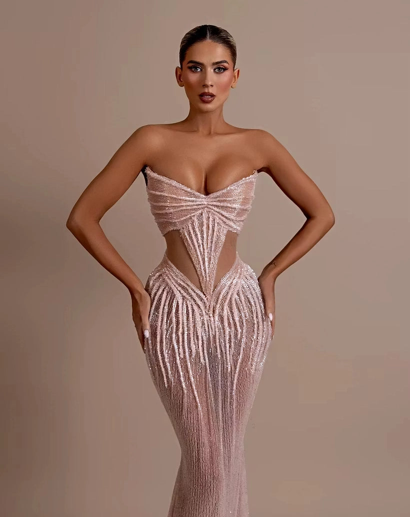 Rose Gold Sequin Mesh Mermaid Sweetheart Zipper Back Floor Length Dress Detail - Jimiss