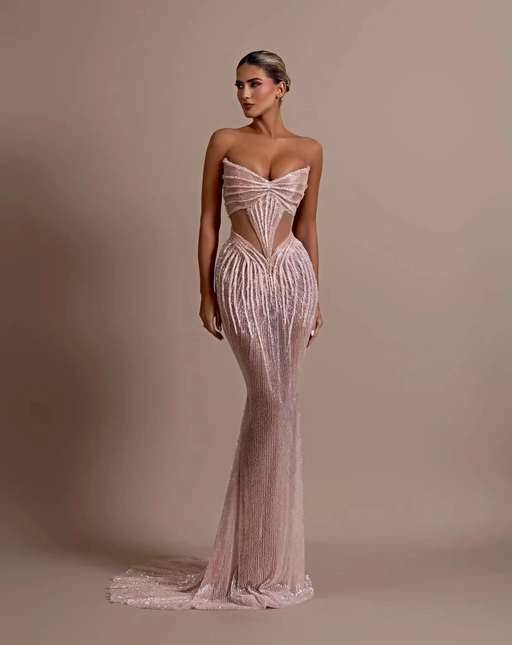 Rose Gold Sequin Mesh Mermaid Sweetheart Zipper Back Floor Length Dress Front View - Jimiss
