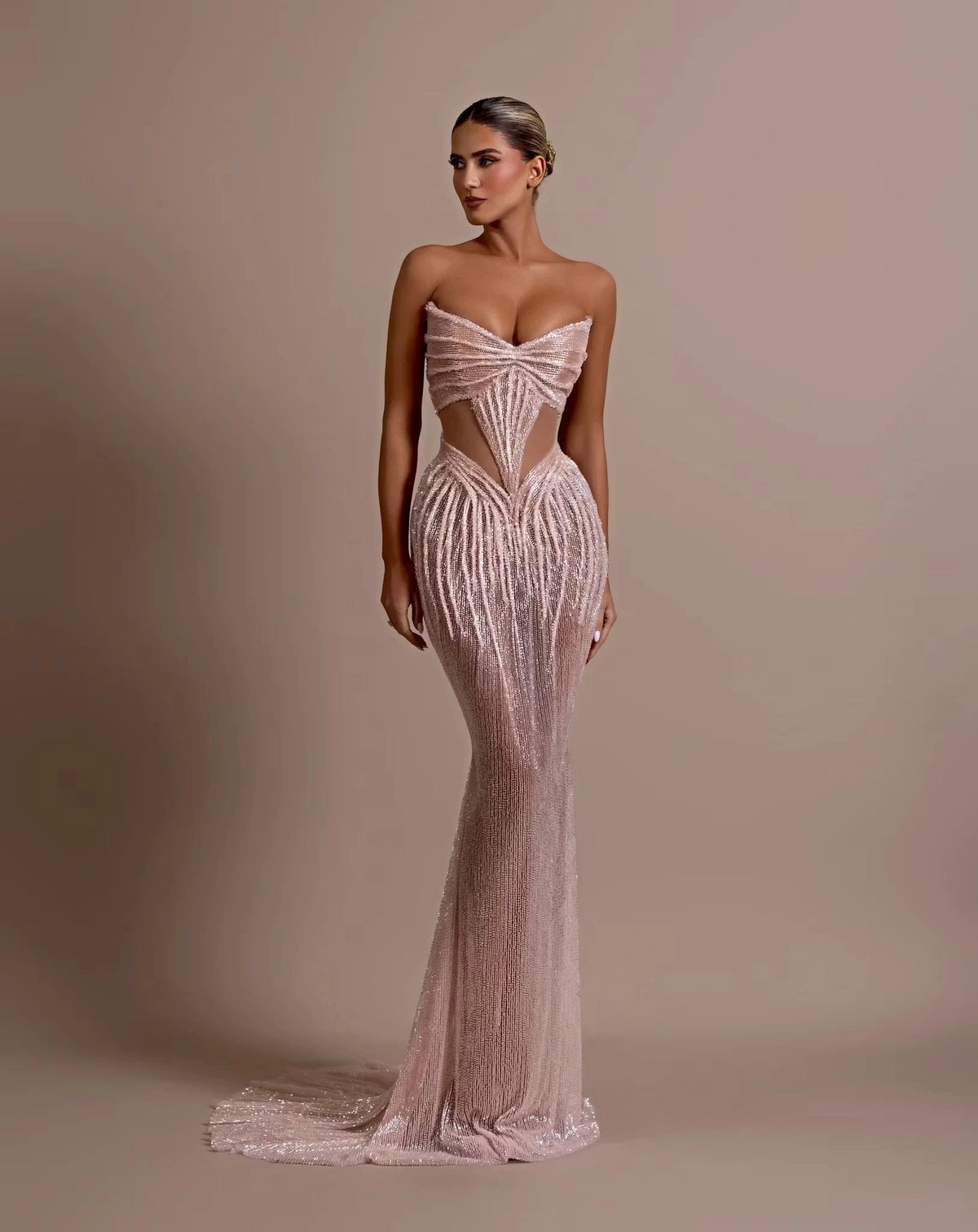 Rose Gold Sequin Mesh Mermaid Sweetheart Zipper Back Floor Length Dress Front View - Jimiss