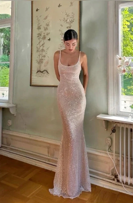 Rose Gold Sequin Mesh Sheath Column Scoop Neck Low Open Back Floor Length Dress - Jimiss