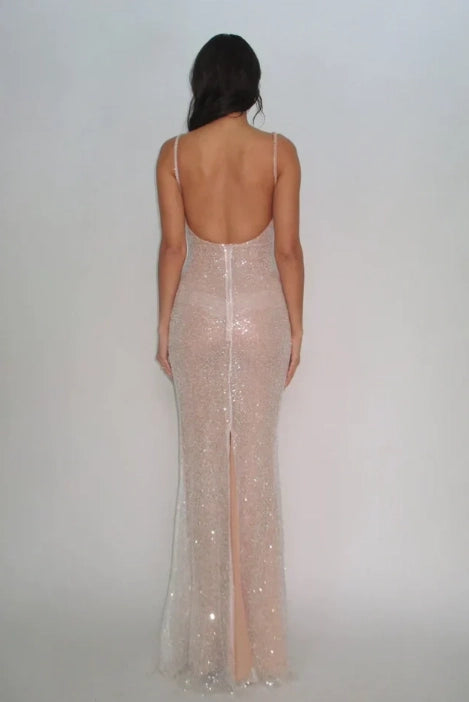 Rose Gold Sequin Mesh Sheath Column Scoop Neck Low Open Back Floor Length Dress - Jimiss
