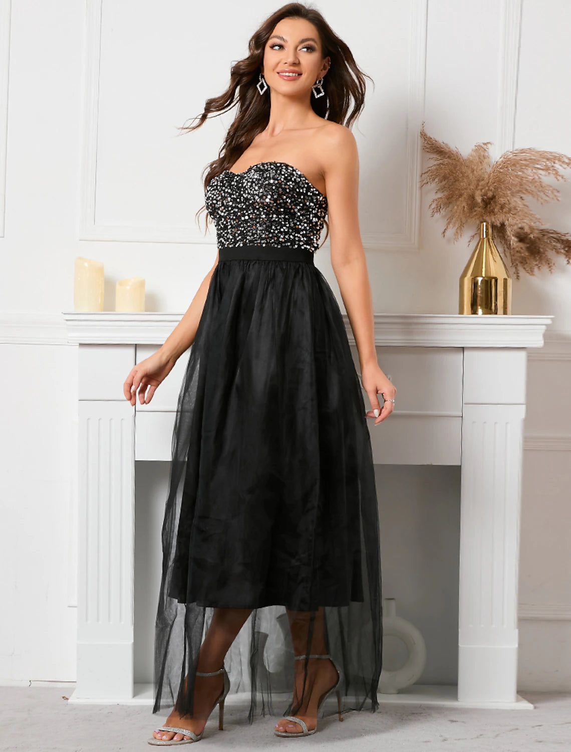 Black Sequin Sweetheart A-Line Tea-Length Evening Dress
