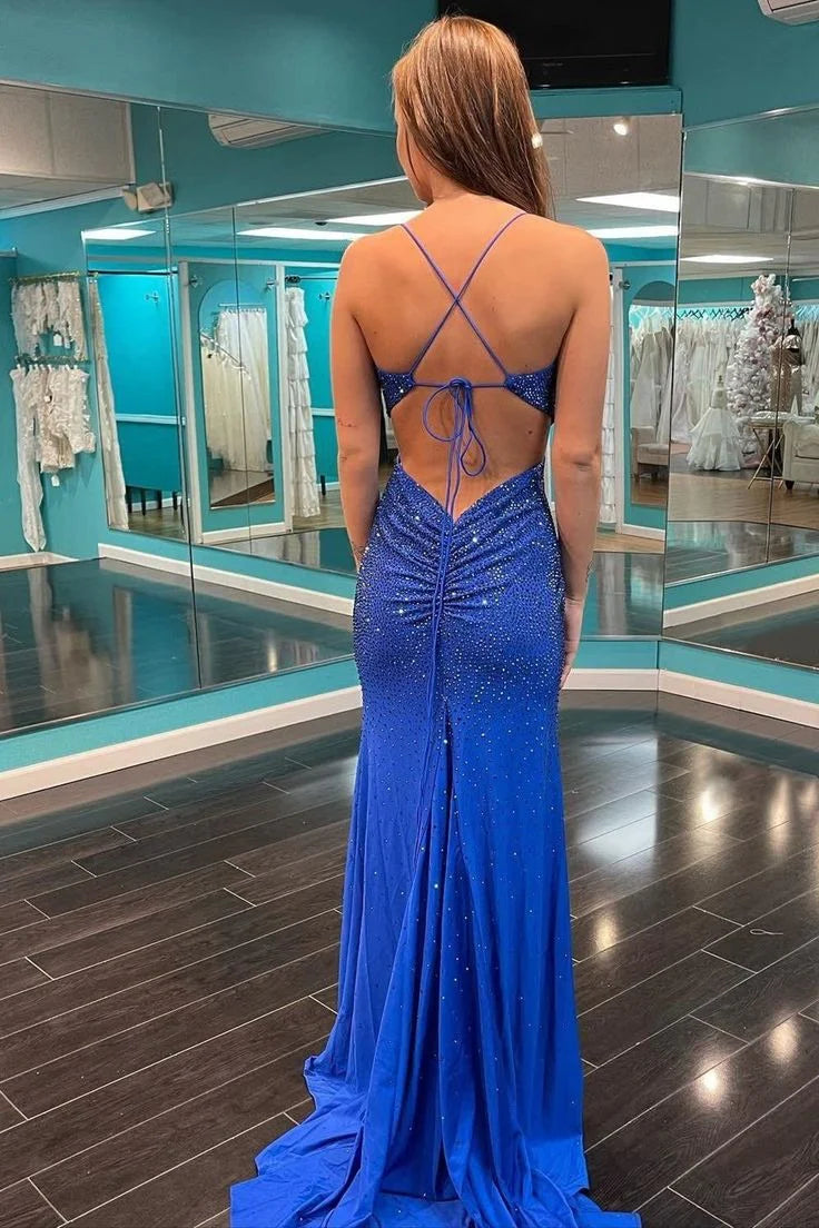 Royal Blue Jersey sheath-column straight-across floor-length Dress Back View - Jimiss