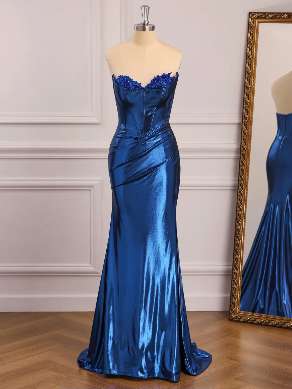 Royal Blue Metallic Stretch Satin Mermaid Sweetheart Floor-Length Dress - Jimiss