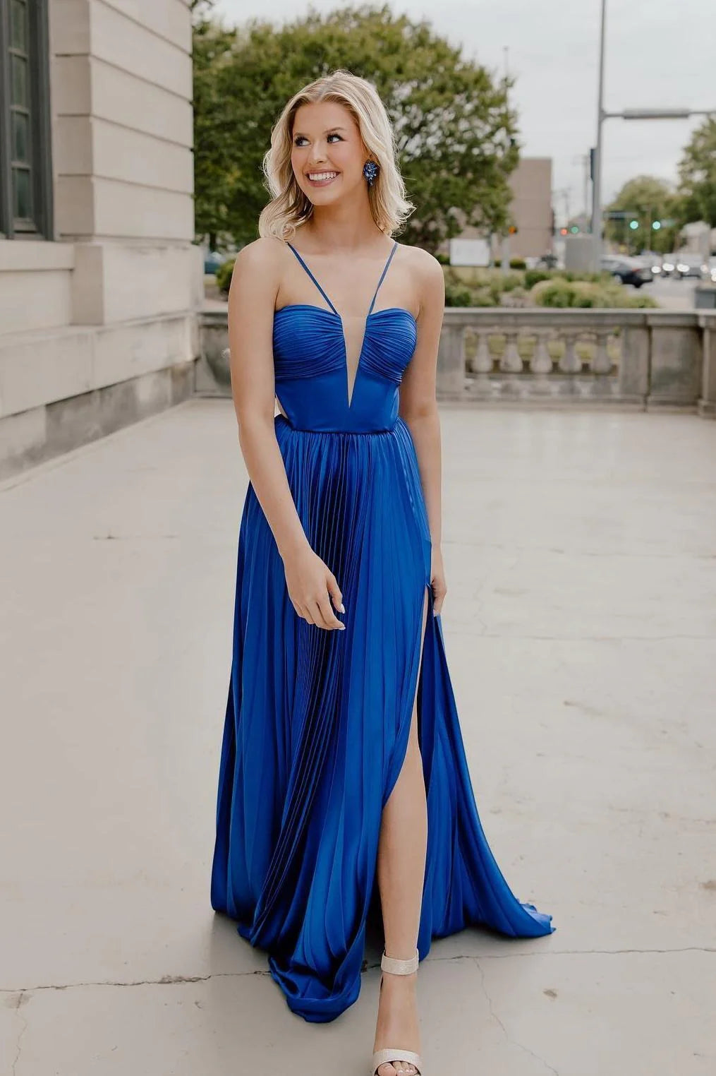 Royal Blue Satin A-Line Plunging V-Neck Floor-Length Dress - Jimiss