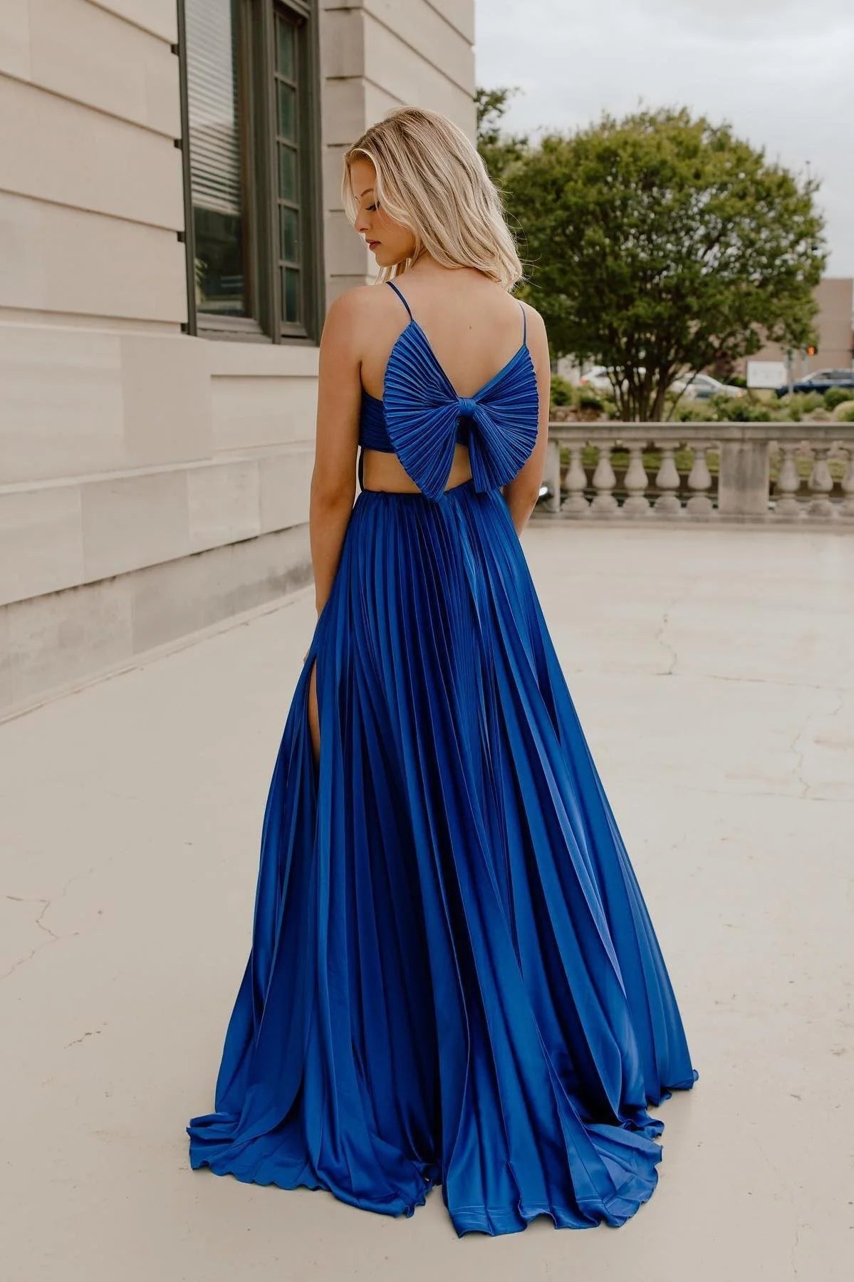 Royal Blue Satin A-Line Plunging V-Neck Floor-Length Dress - Jimiss