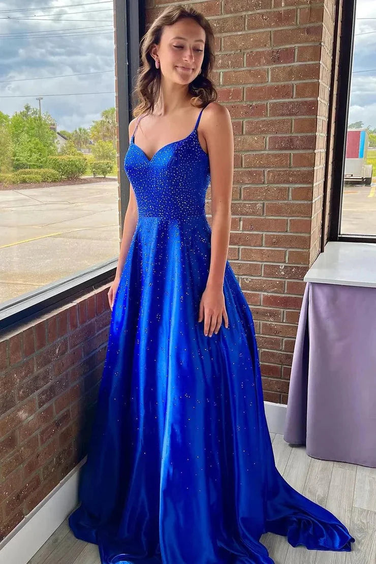 Royal Blue Satin A-Line Sweetheart Open-Back Floor-Length Dress - Jimiss