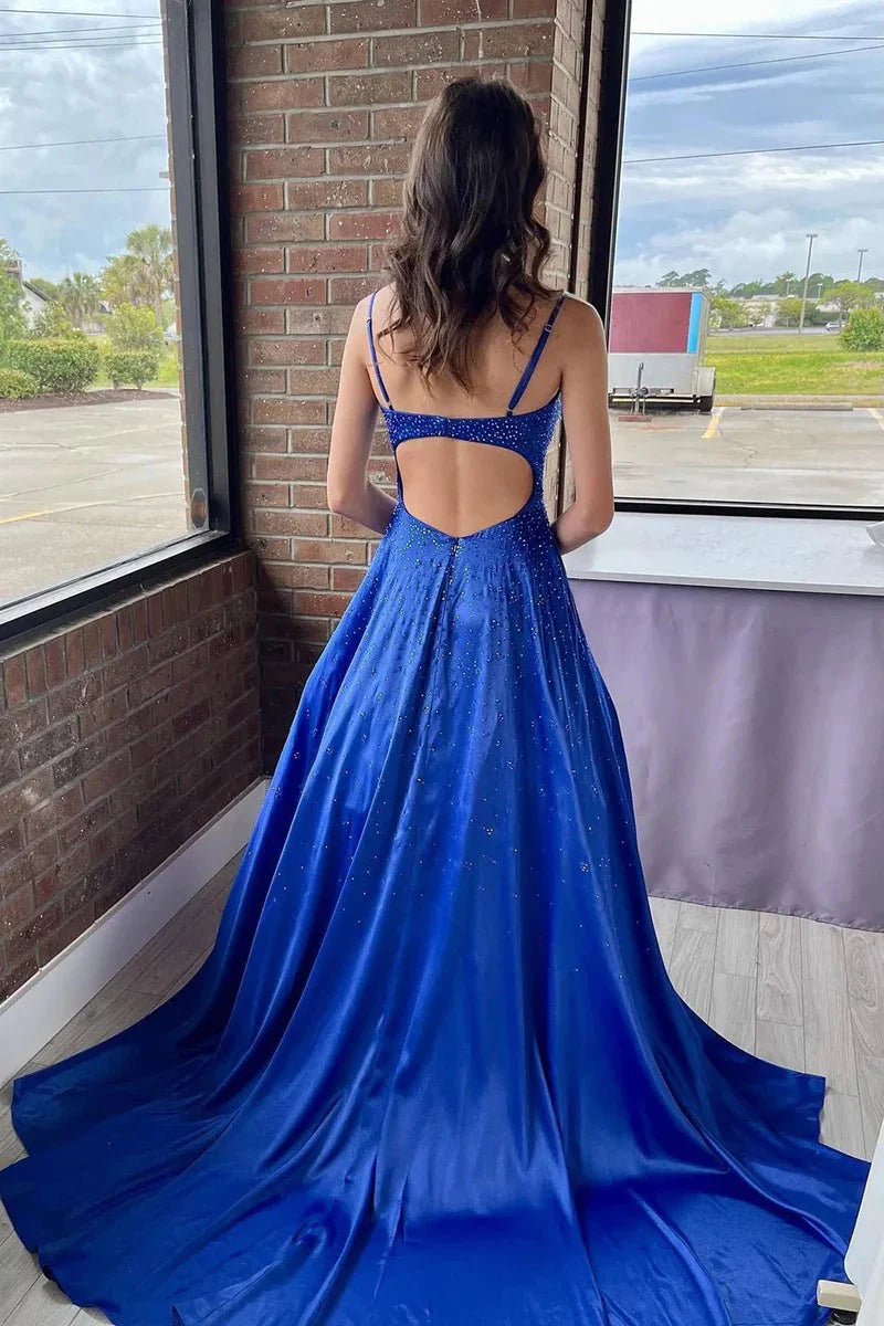 Royal Blue Satin A-Line Sweetheart Open-Back Floor-Length Dress - Jimiss