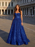 Royal Blue Sequin A-Line Sweetheart Low-Back Floor-Length Dress - Jimiss