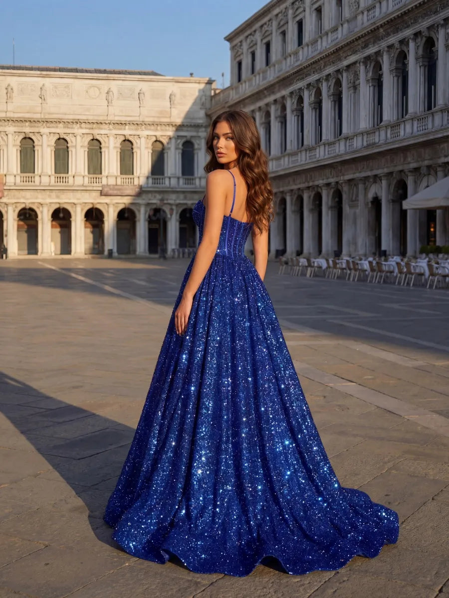 Royal Blue Sequin A-Line Sweetheart Low-Back Floor-Length Dress - Jimiss