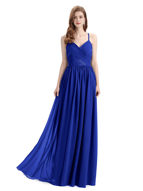 Dusty Blue Draped V-Neck Chiffon Bridesmaid Dress