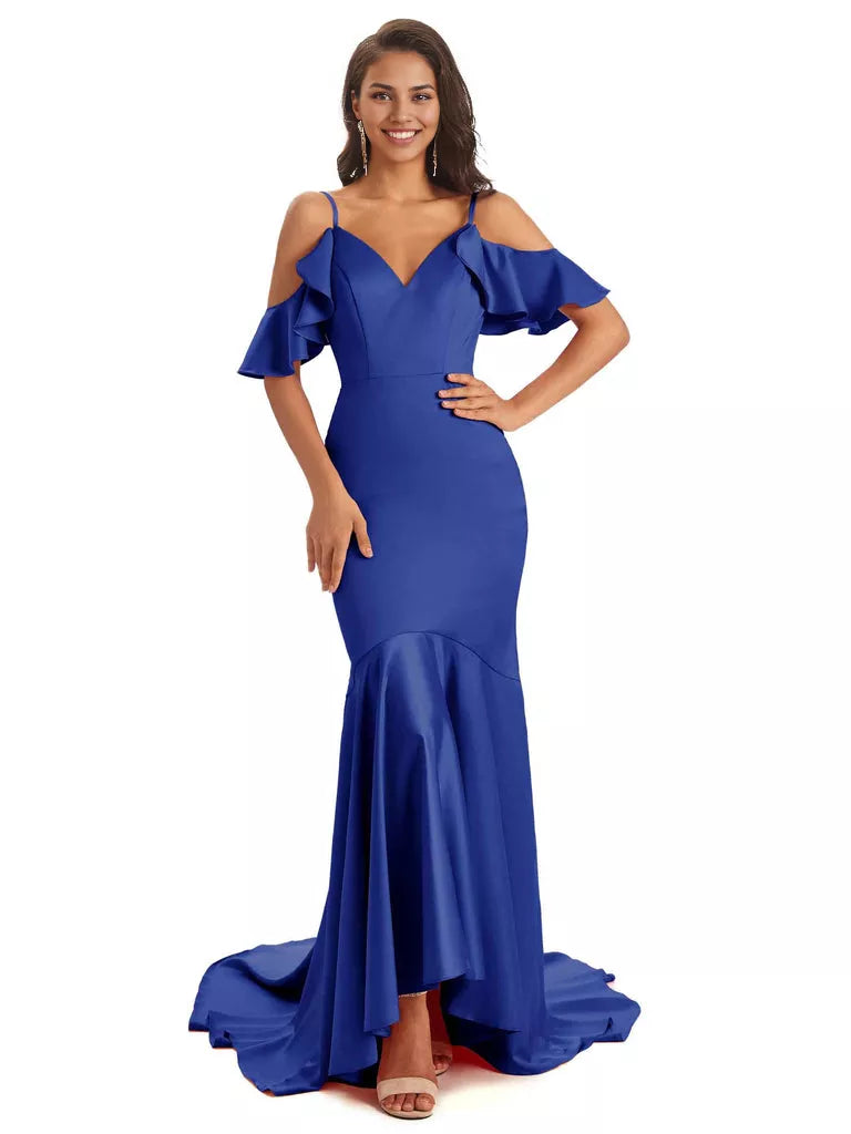 Soft Satin Asymmetric Spaghetti Straps Sleeveless Mermaid Cold Shoulder Bridesmaid Dresses