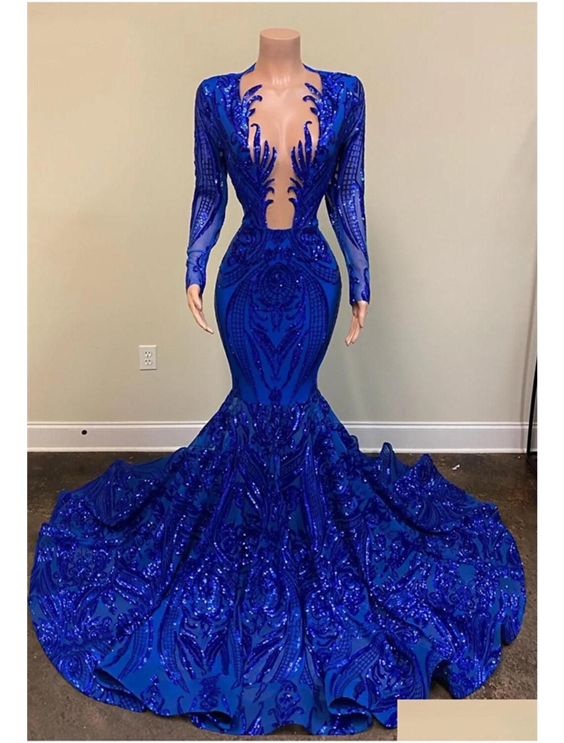 Vestido de noche de sirena/trompeta con brillo y destellos, vestido de carnaval, formal, corte, cola, manga larga, cuello en V, afroamericano, con lentejuelas y abalorios.