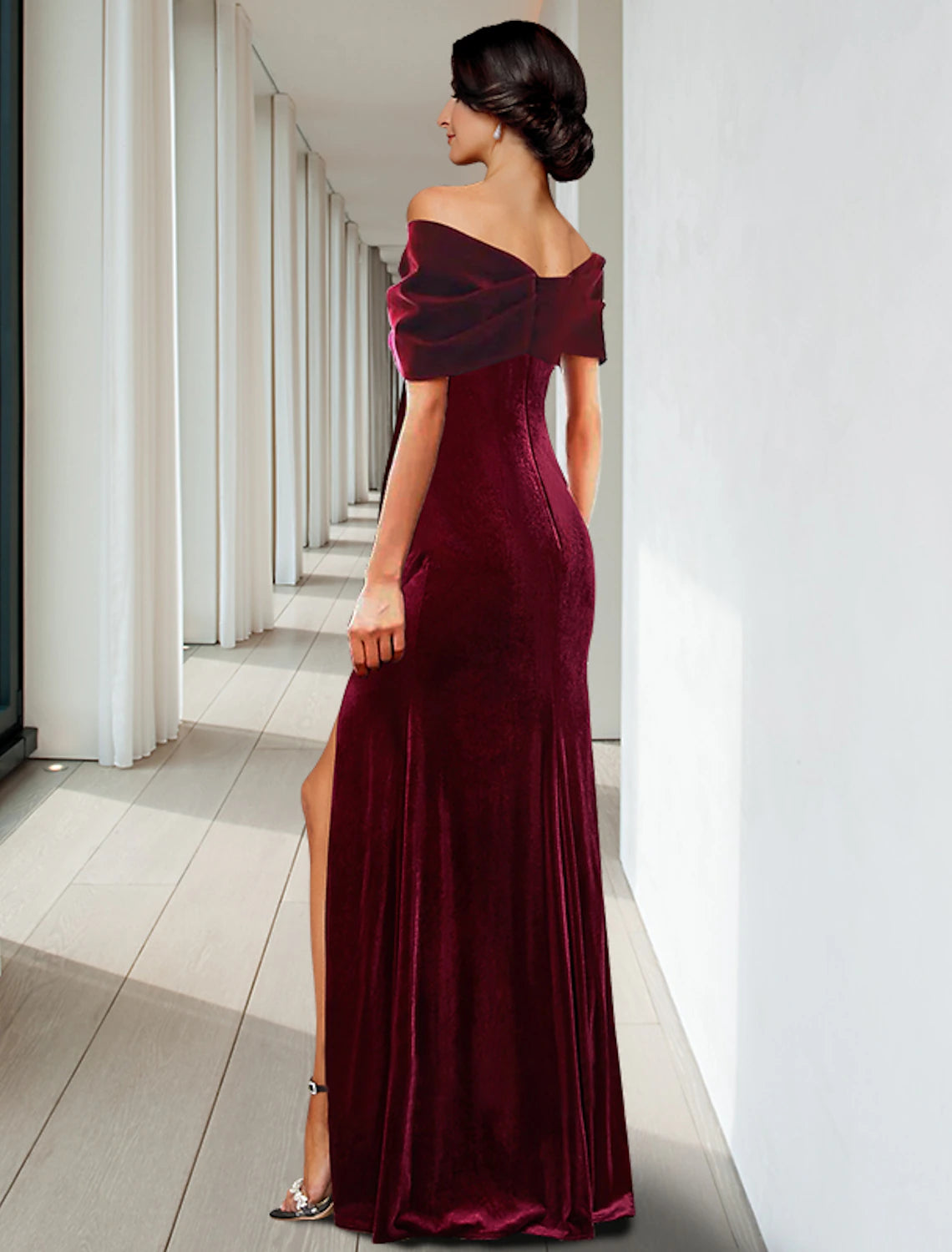 Vestido de noche elegante con corte en forma de columna, para invitados de boda, cóctel, largo hasta el suelo, sin mangas, escote en V, terciopelo con pliegues y volantes.