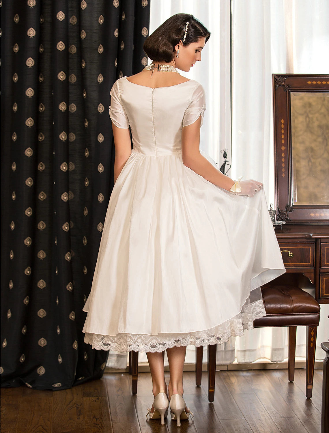 Ivory Satin A-Line Tea-Length Evening Dress with Draped V-Neck Bodice