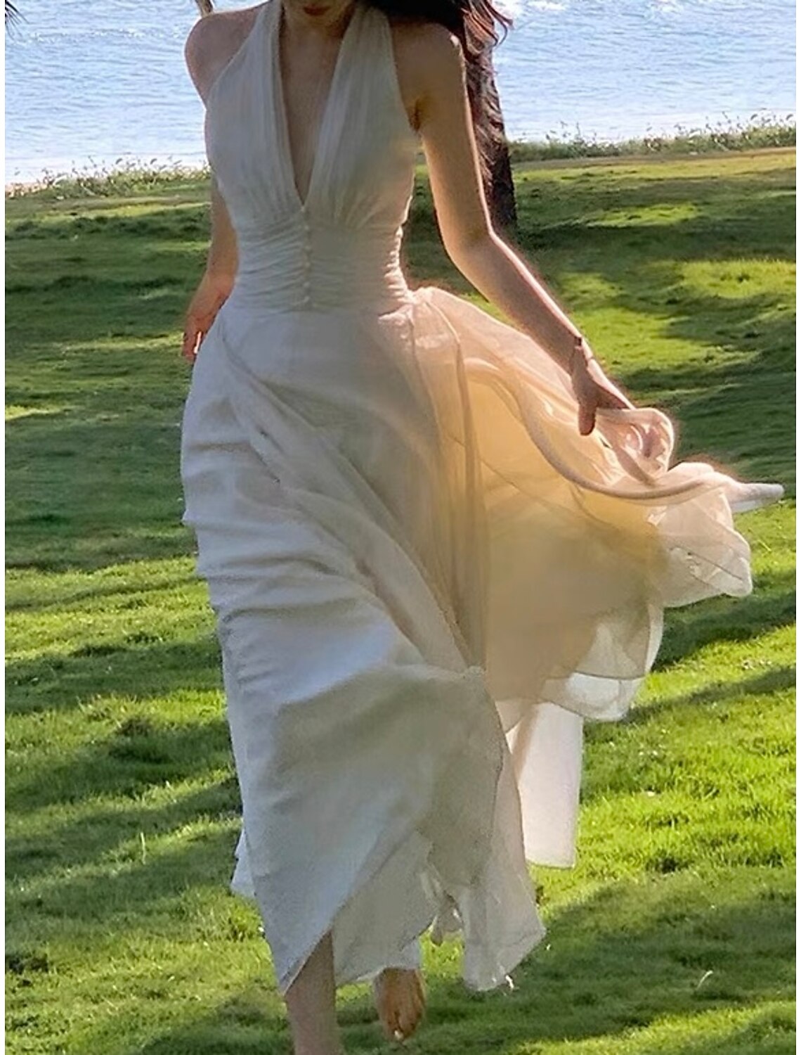 Abiti da ballo a trapezio, abiti vintage, abiti da festa, lunghi fino al pavimento, senza maniche, scollo all'americana, in chiffon con arricciature