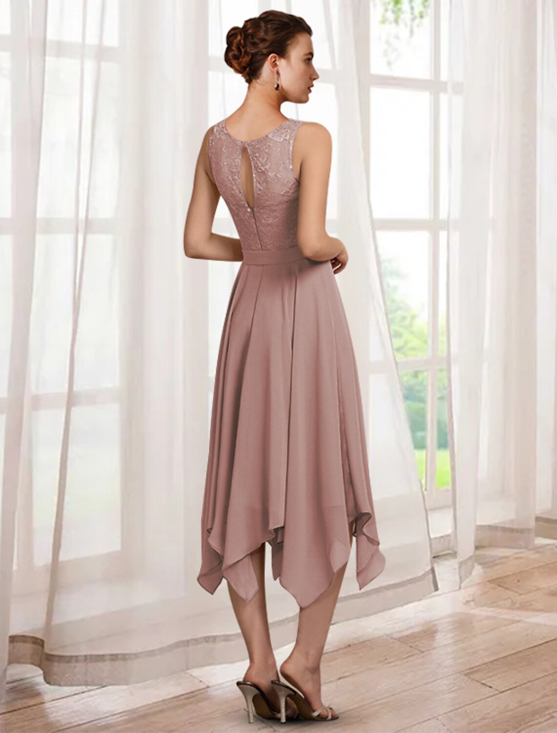 Vestido elegante de dos piezas de corte A para madre de la novia, cuello joya, largo hasta la rodilla, de gasa con encaje, media manga, cruzado, incluido con faja/cinta