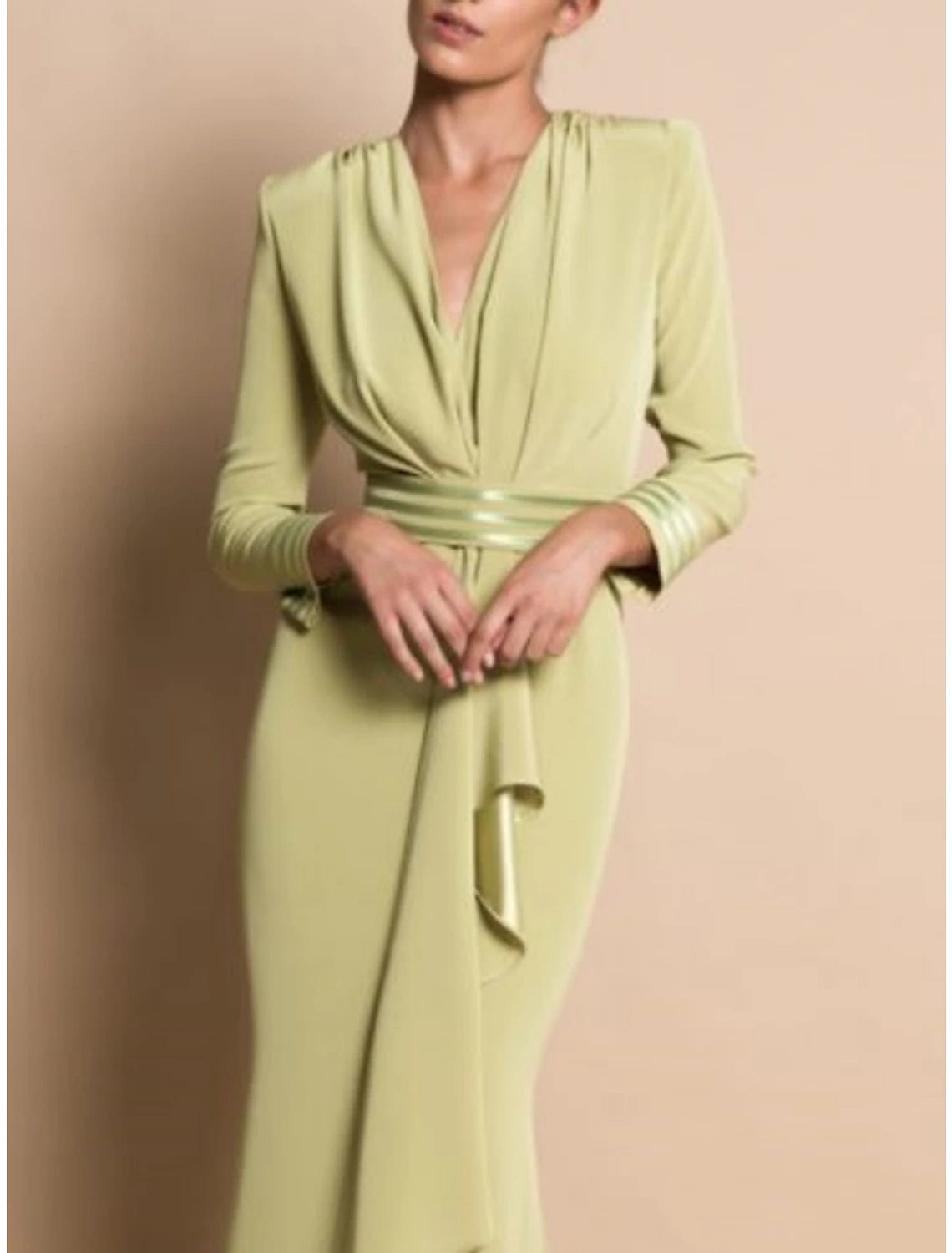 Sage Green Crepe Sheath/column Floor-Length Evening Dress with Draped V-Neck