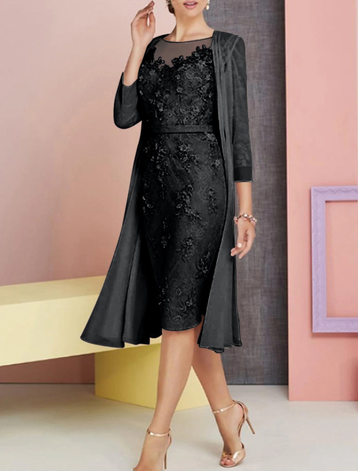Abito da cerimonia per la madre della sposa, in due pezzi, con scollo a barchetta, lunghezza al ginocchio, in chiffon, pizzo, maniche a 3/4, per invitati al matrimonio, in chiesa, elegante, vintage, taglie forti, con applicazioni