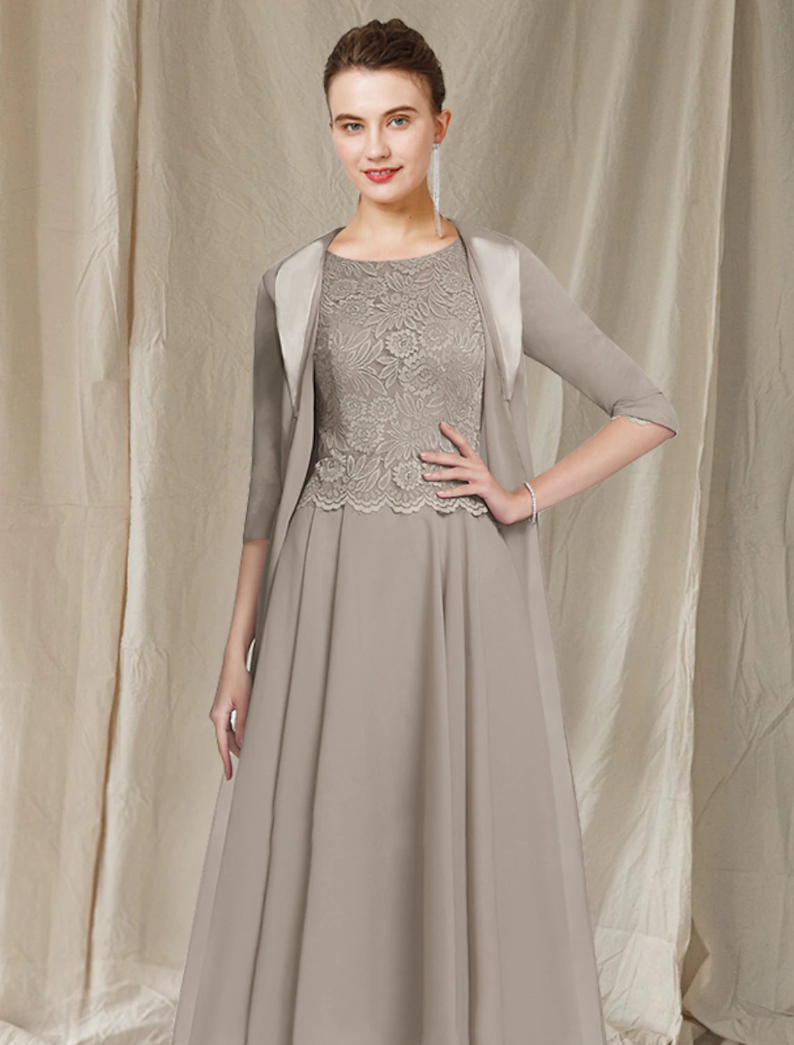 Vestido elegante de dos piezas para madre de la novia, corte en A, estilo iglesia, cuello joya, largo hasta la rodilla, de gasa, encaje, media manga, chaqueta, con apliques