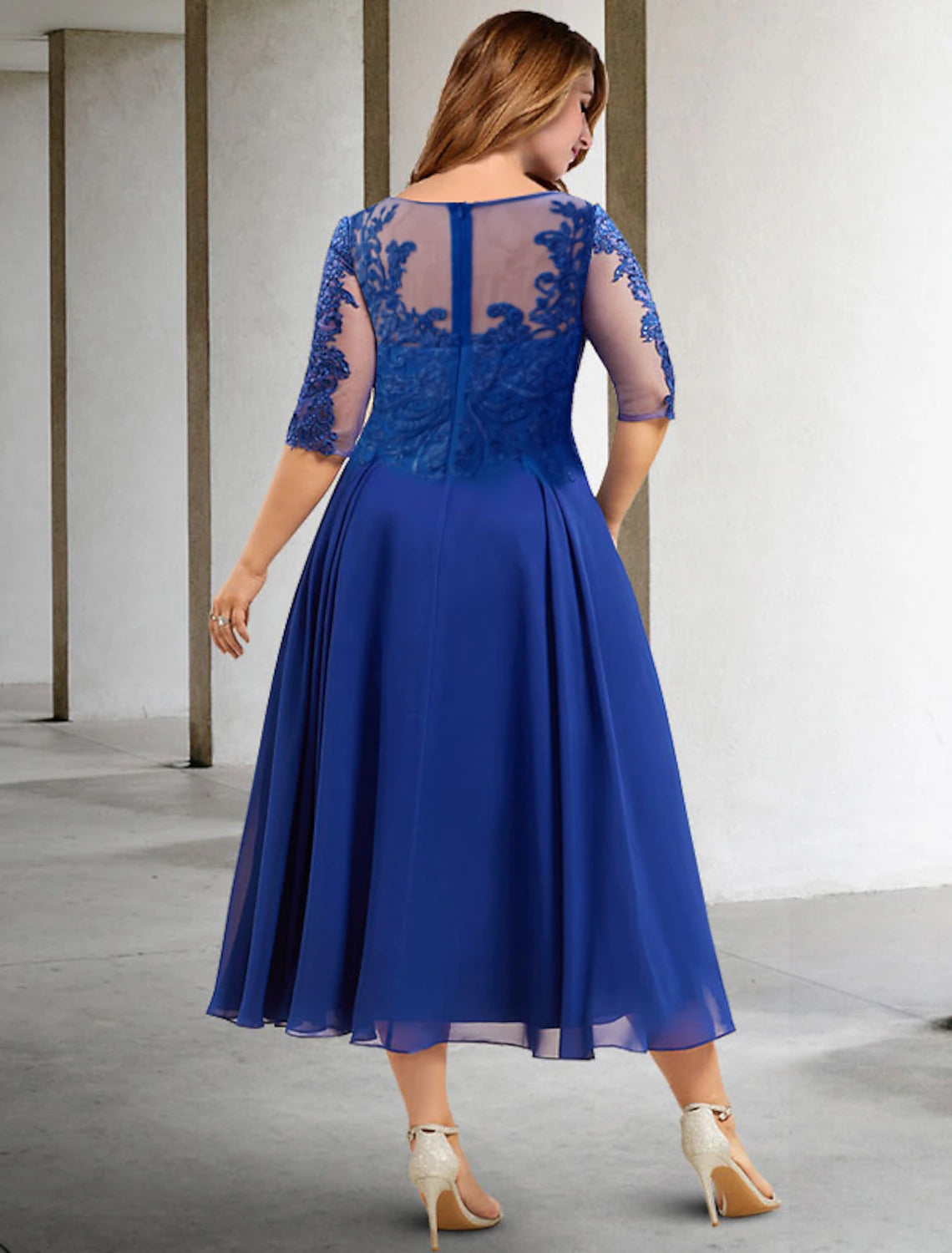 Royal Blue Chiffon A-Line Tea-Length Evening Dress with Illusion Lace Bodice
