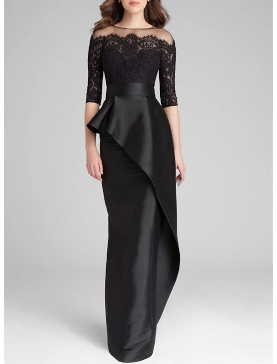 Abito da sposa a sirena/tromba per la madre della sposa, elegante, semplice, con scollo gioiello, lunghezza pavimento, in raso, pizzo, mezza manica con applicazioni di volant