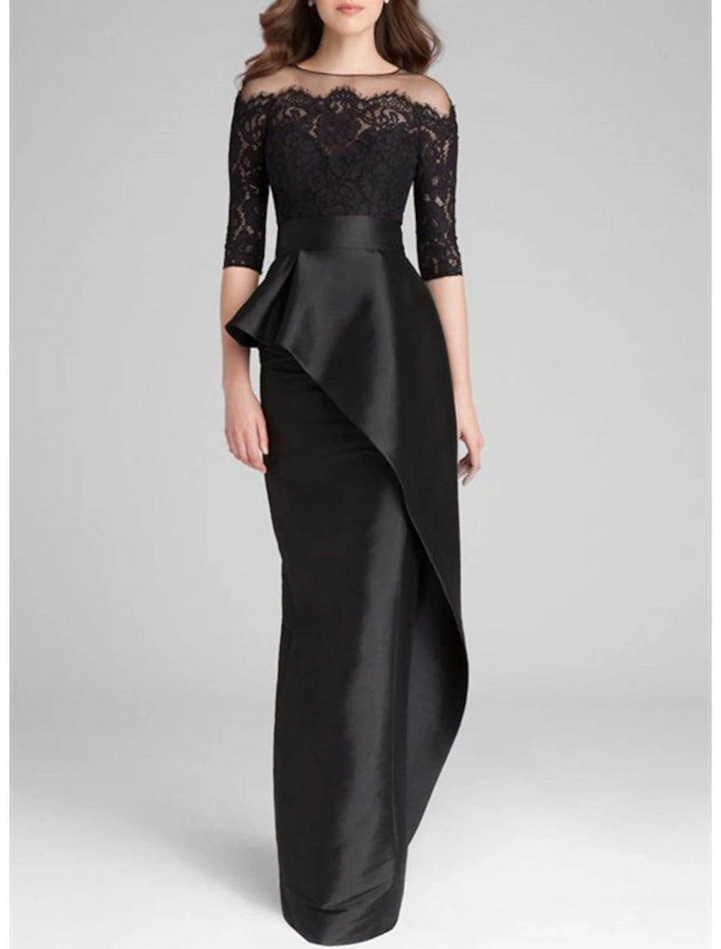 Abito da sposa a sirena/tromba per la madre della sposa, elegante, semplice, con scollo gioiello, lunghezza pavimento, in raso, pizzo, mezza manica con applicazioni di volant