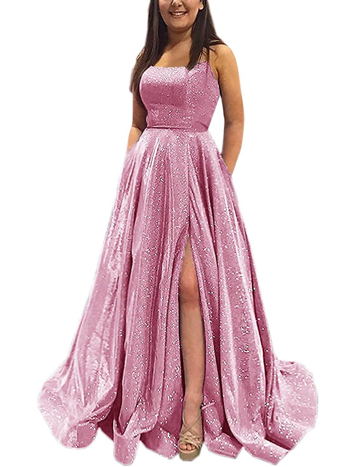 Abiti da ballo a trapezio, scintillanti e brillanti, lunghi fino al pavimento, senza maniche, senza spalline, in raso, senza schienale, con tasca a fessura