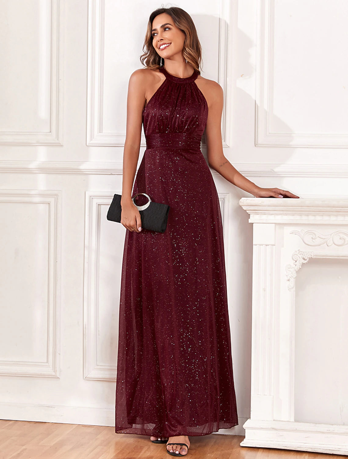 Burgundy Glitter Fabric A-Line Halter neckline Floor-Length Bridesmaid Dress