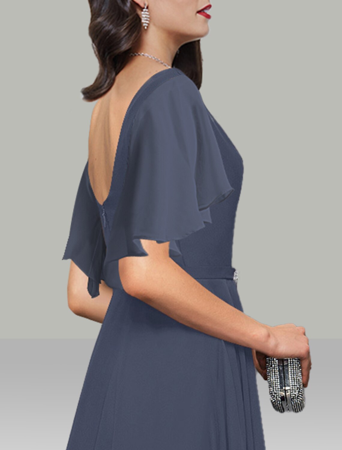 Slate Blue Chiffon Cowl Neck A-Line Tea-Length Bridesmaid Dress